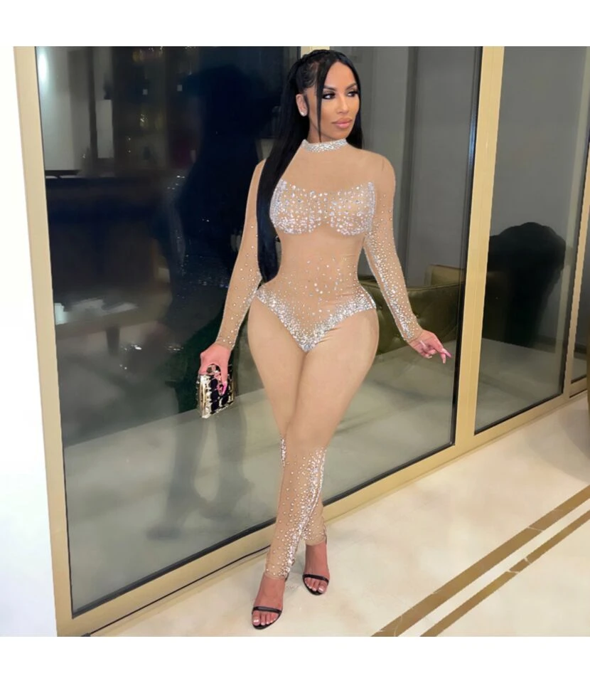 Wholesale Clubwear See-Through Gauze Rhinestones Jumpsuit For Women SJ210062 3 Wholesale Clubwear See-Through Gauze Rhinestones Jumpsuit For Women SJ210062