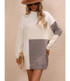 Elegant Colour Blocked Round Neck Knitted Long Dress Wholesale Dresses N5923082600022