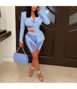 Solid Color V-Neck Back Tie Suit Top & Mesh Panel Pants Wholesale Women'S 2 Piece Sets SO5117721