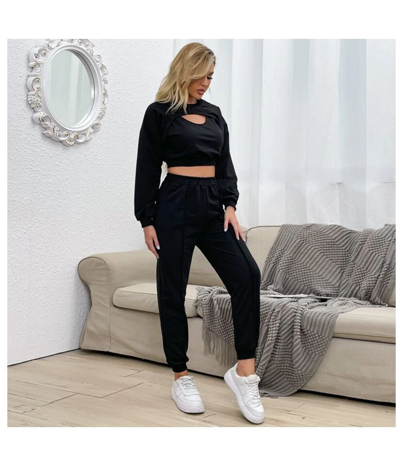 2 Pieces Black Cut Out Top And Pants Wholesale Womens Activewear Outfits SO030520 5 2 Pieces Black Cut Out Top And Pants Wholesale Womens Activewear Outfits SO030520 - Image 3