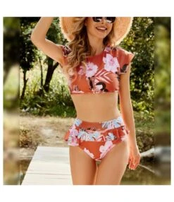 Sexy Floral Printed High Waist Split Bikini Ruffles Backless Swimwear Beach Swimsuit Wholesale Vendors SS183203