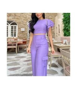 Ruffled Sleeve Top High Waist Wide Leg Cargo Pants Casual Suit Wholesale Womens 2 Piece Sets N3823100900065 -NIKA Clothing Shop f9de85592f004ebcbdc2b09a01202c85 5